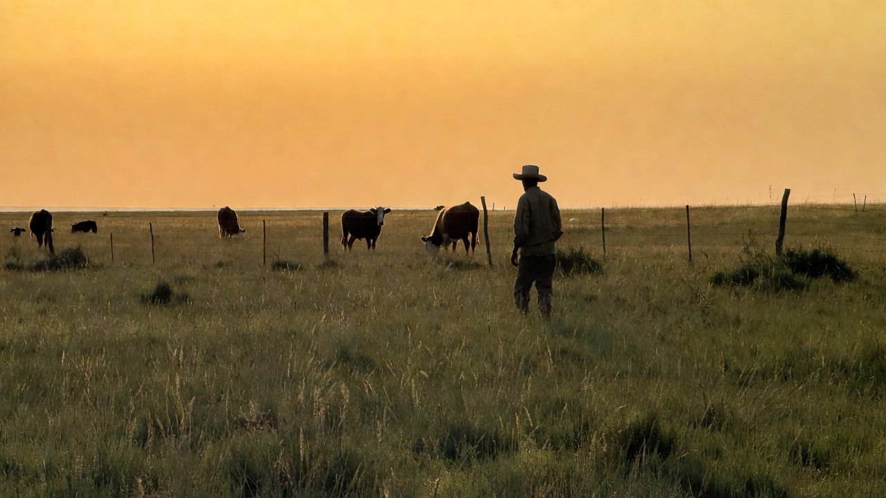 Productor rural maragato observando pastura de campo natural en un predio del departamento de San José, Uruguay.