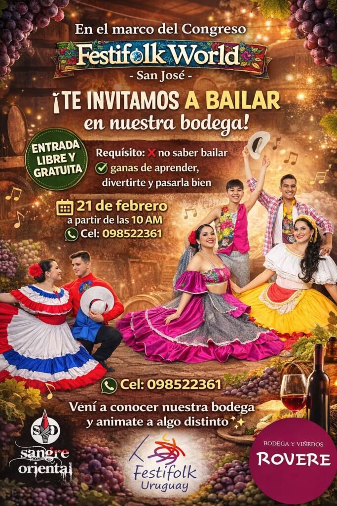 Pareja bailando danzas folclóricas en los viñedos de Bodega Rovere durante el Festifolk World en San José de Mayo