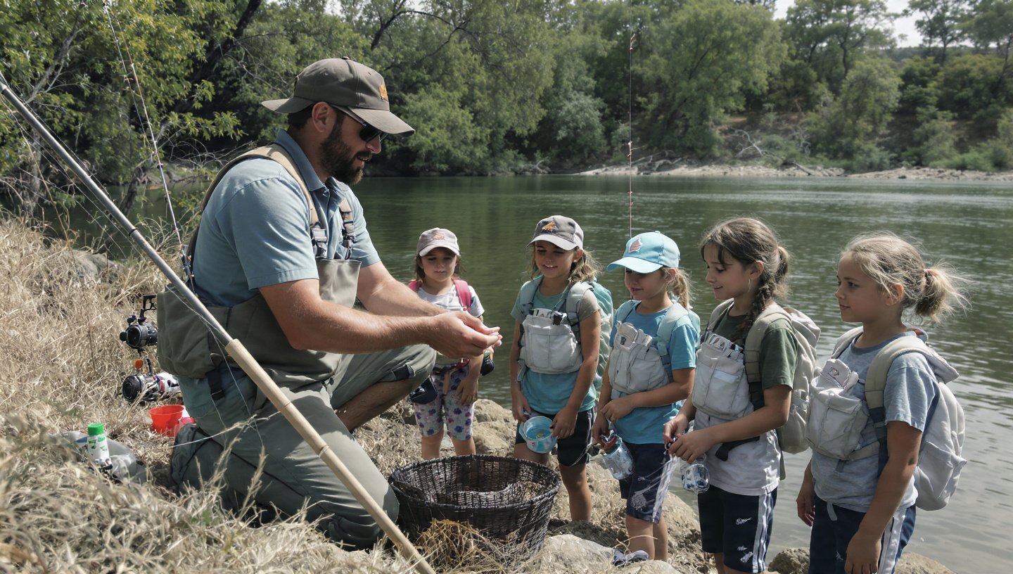 Niños de San José de Mayo aprendiendo pesca deportiva y respeto por la naturaleza junto al río.